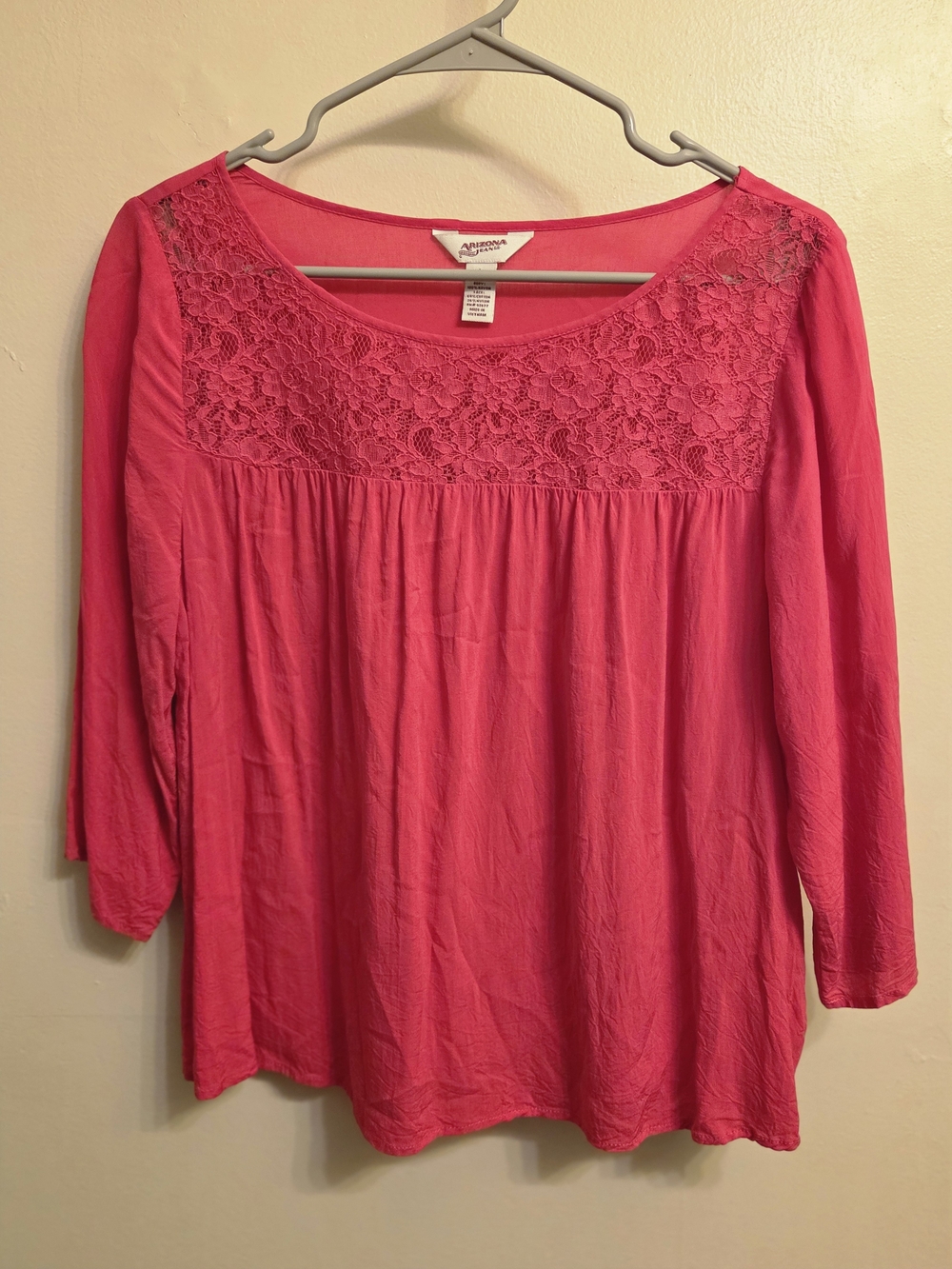 Arizona Jean Co Women's Large Pink Lace Yoke Cottagecore Festival Boho Chic Top